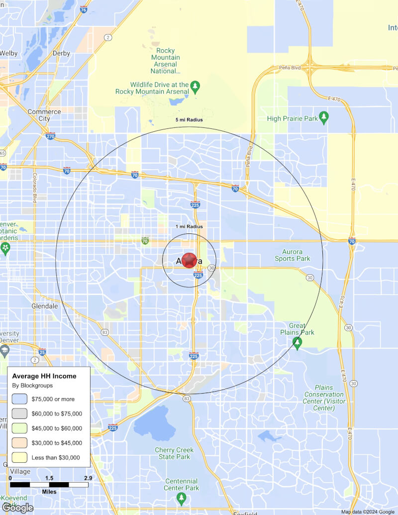 Map of Aurora,Colorado including demographic data