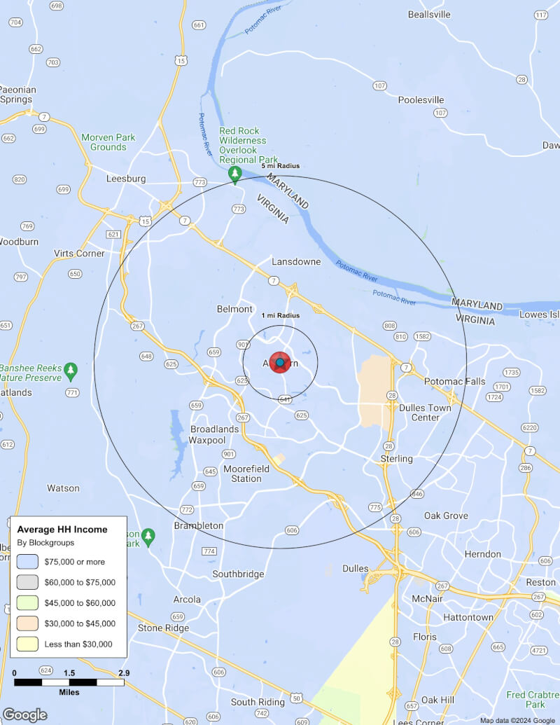 Map of Ashburn,Virginia including demographic data
