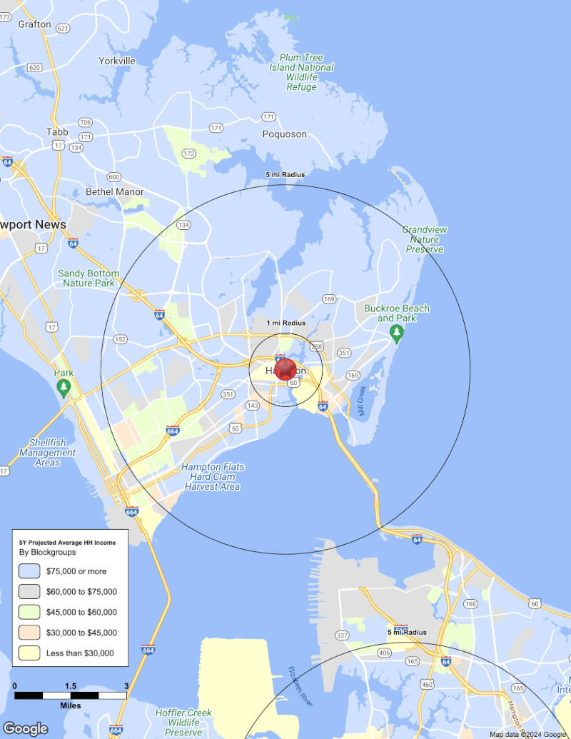 Map of Hampton,Virginia including demographic data