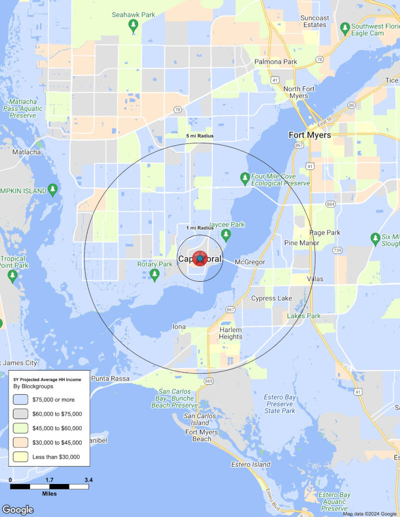 Map of Cape Coral,Florida including demographic data