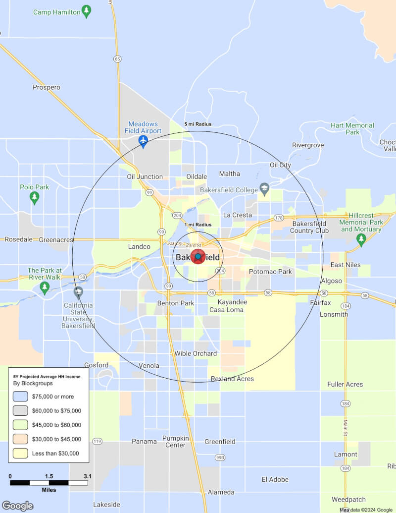 Map of Bakersfield,California including demographic data