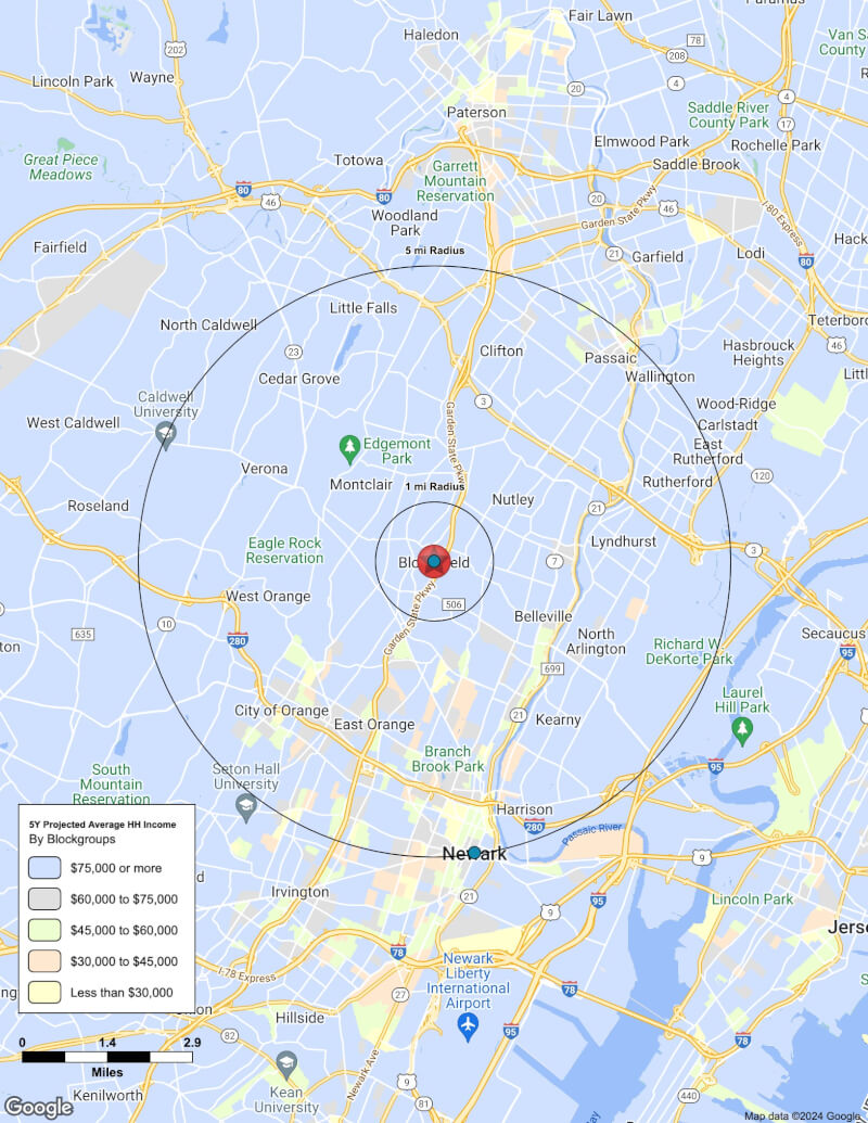 Map of Bloomfield,New Jersey including demographic data