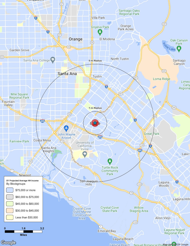 Map of Irvine,California including demographic data
