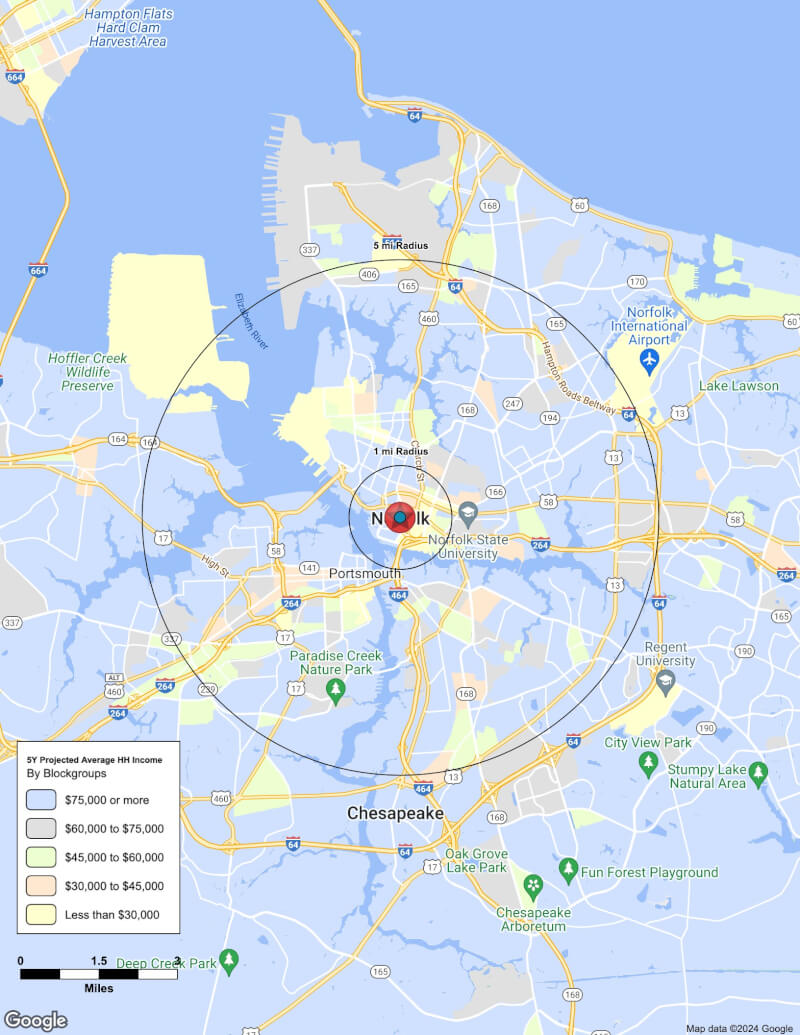 Map of Norfolk,Virginia including demographic data