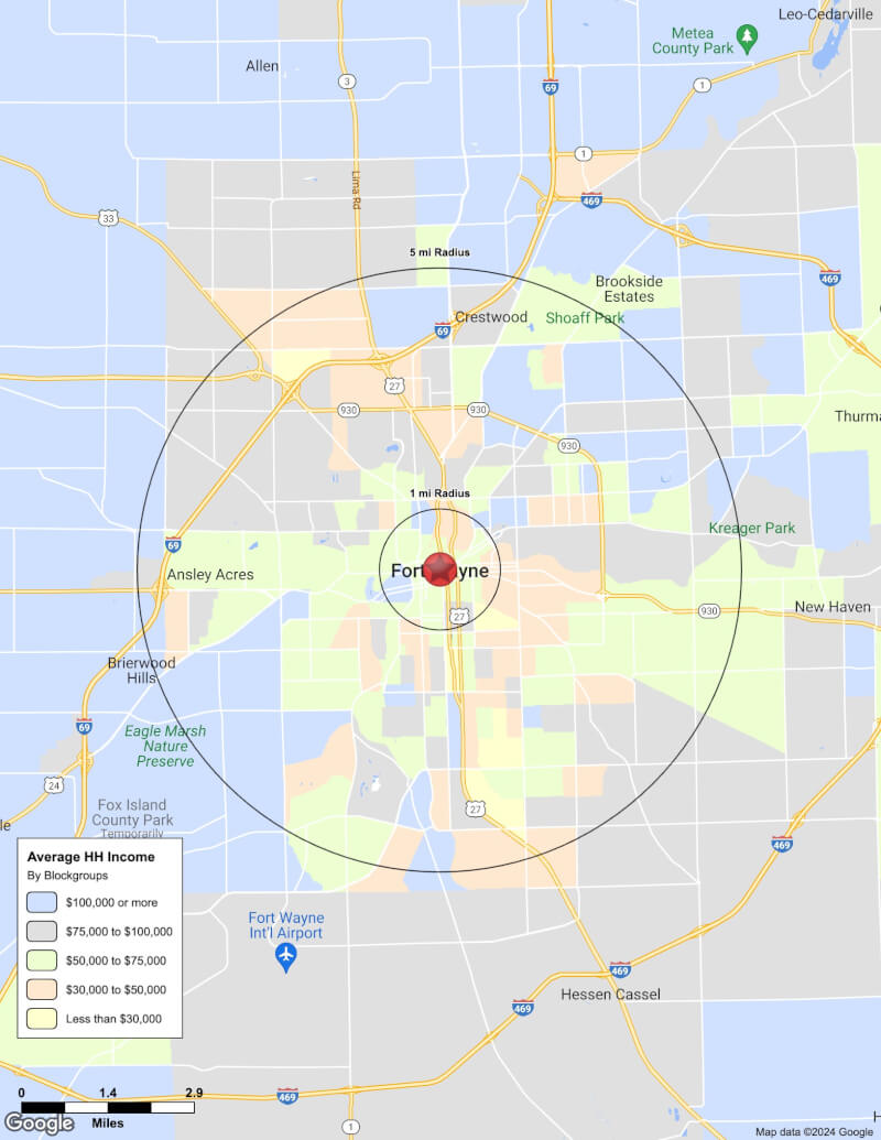 Map of Fort Wayne,Indiana including demographic data